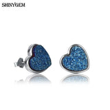Natural Crystal Druzy Heart Stud Earrings 925 Sterling Silver