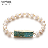 Shiny Fresh Water Pearl Bangles Plating Rectangle Crystal Druzy Bracelet