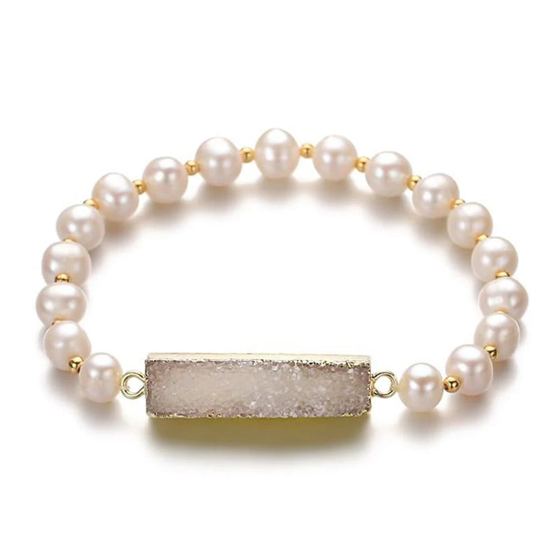 Shiny Fresh Water Pearl Bangles Plating Rectangle Crystal Druzy Bracelet