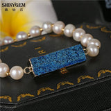 Shiny Fresh Water Pearl Bangles Plating Rectangle Crystal Druzy Bracelet
