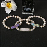 Shiny Fresh Water Pearl Bangles Plating Rectangle Crystal Druzy Bracelet
