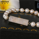Shiny Fresh Water Pearl Bangles Plating Rectangle Crystal Druzy Bracelet
