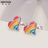 9-12mm Love Heart Rainbow Stud Earrings 925 Sterling Silver For Women Girls