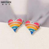 9-12mm Love Heart Rainbow Stud Earrings 925 Sterling Silver For Women Girls