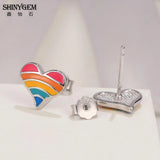 9-12mm Love Heart Rainbow Stud Earrings 925 Sterling Silver For Women Girls