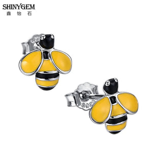 Small Bee Stud Earrings Yellow 925 Silver Insect Style Women Girl