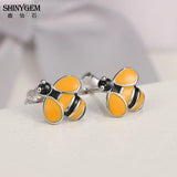 Small Bee Stud Earrings Yellow 925 Silver Insect Style Women Girl