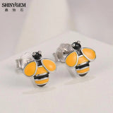 Small Bee Stud Earrings Yellow 925 Silver Insect Style Women Girl