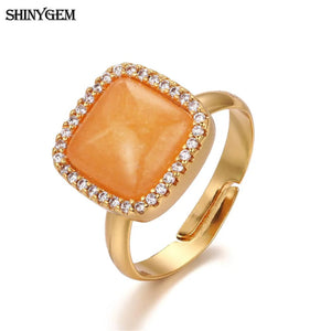 Natural Yellow Jades Stone Rings Adjustable Plating Inlay Zircon Women Wedding