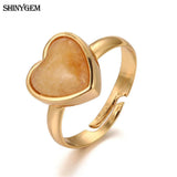 Natural Yellow Jades Stone Rings Adjustable Plating Inlay Zircon Women Wedding