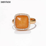 Natural Yellow Jades Stone Rings Adjustable Plating Inlay Zircon Women Wedding