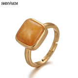 Natural Yellow Jades Stone Rings Adjustable Plating Inlay Zircon Women Wedding