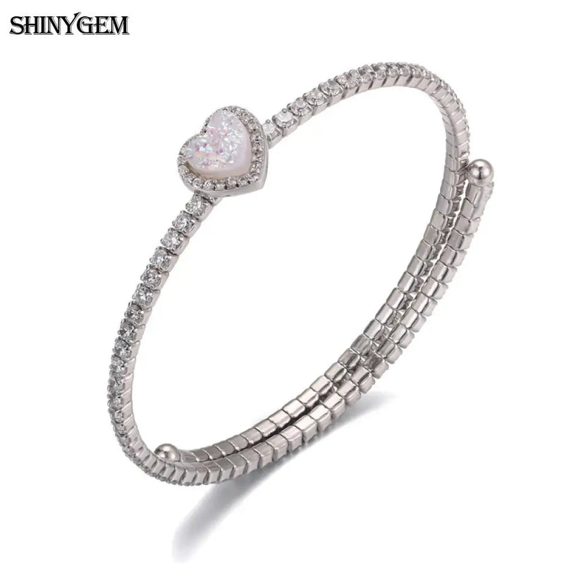 ShinyGem 10mm Sparkling Love Heart Druzy Stone Bracelet 925 Sterling Silver