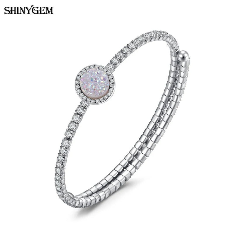ShinyGem Adjustable Silver Bangle with Zircon & Opal Stone Bracelet
