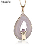 ShinyGem Brown Agate Slice Pendant with Amethysts, Reiki Gem Stone Necklace