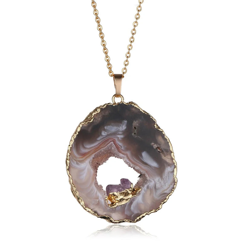 ShinyGem Brown Agate Slice Pendant with Amethysts, Reiki Gem Stone Necklace