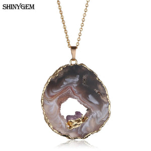ShinyGem Brown Agate Slice Pendant with Amethysts, Reiki Gem Stone Necklace