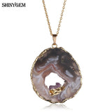 ShinyGem Brown Agate Slice Pendant with Amethysts, Reiki Gem Stone Necklace