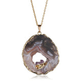 ShinyGem Brown Agate Slice Pendant with Amethysts, Reiki Gem Stone Necklace