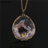ShinyGem Brown Agate Slice Pendant with Amethysts, Reiki Gem Stone Necklace