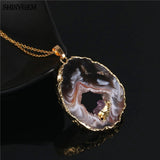 ShinyGem Brown Agate Slice Pendant with Amethysts, Reiki Gem Stone Necklace
