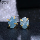 Irregular Aquamarine Stud Earrings 925 Silver Plating Women