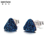 Druzy Triangle Stud Earrings 925 Silver Geode Gem Stone