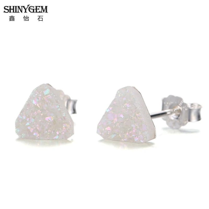Druzy Triangle Stud Earrings 925 Silver Geode Gem Stone