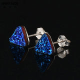 Druzy Triangle Stud Earrings 925 Silver Geode Gem Stone