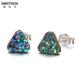 Druzy Triangle Stud Earrings 925 Silver Geode Gem Stone