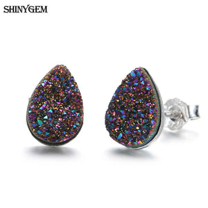 Natural Crystal Druzy Stud Earrings 925 Silver Geode Gem Stone Earring