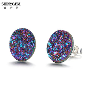 Druzy Stud Earrings 925 Silver Geode Gem Stone Earring