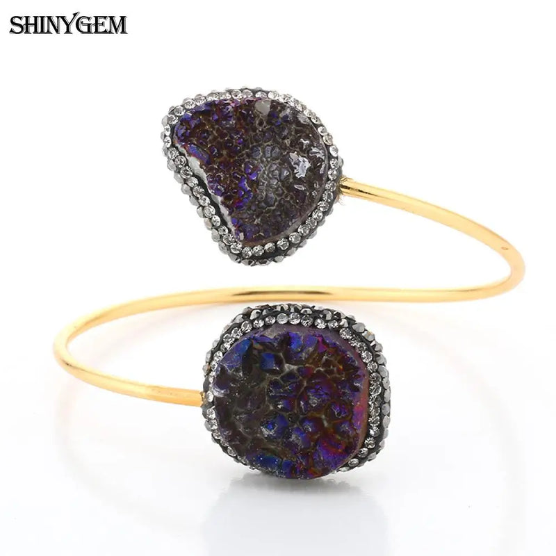 Vintage Adjustable Druzy Stone Bangle Bracelet - Plated Large Stone Cuff