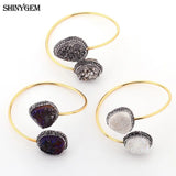 Vintage Adjustable Druzy Stone Bangle Bracelet - Plated Large Stone Cuff
