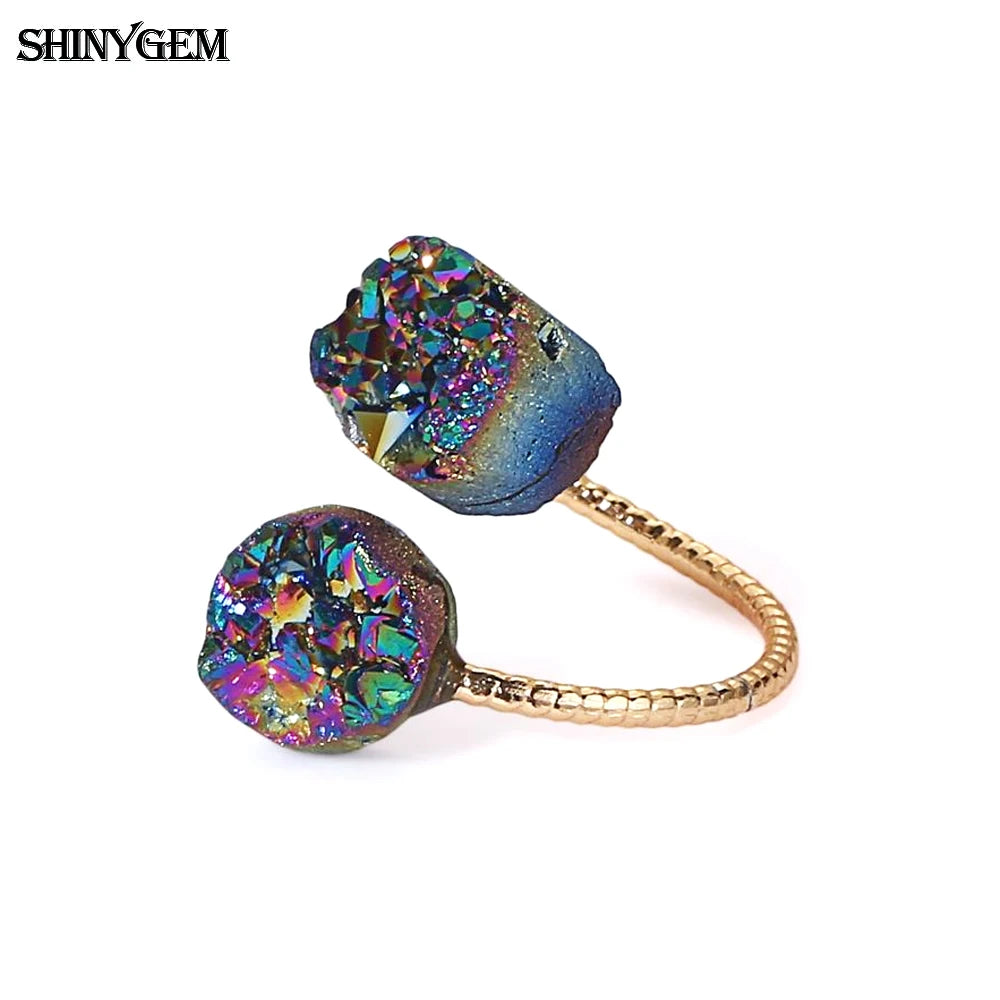 ShinyGem Vintage Natural Irregular Double Druzy Stone Ring Adjustable Size