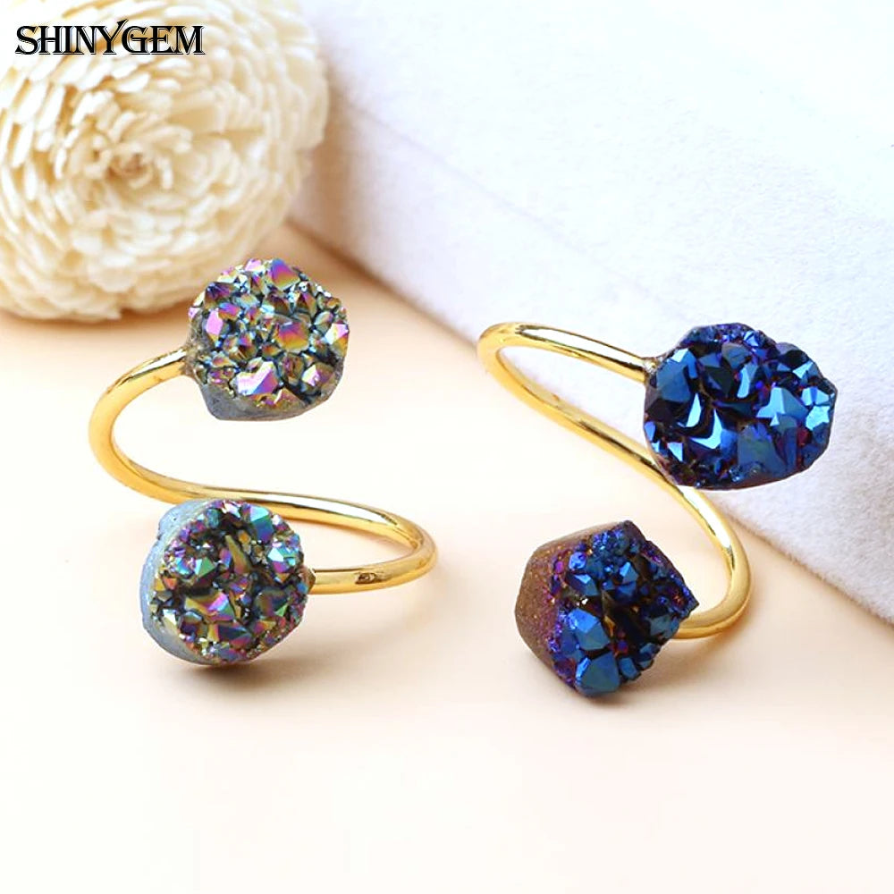 ShinyGem Vintage Natural Irregular Double Druzy Stone Ring Adjustable Size