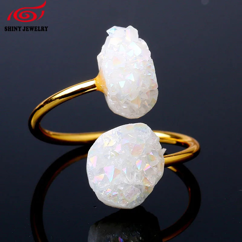 ShinyGem Vintage Natural Irregular Double Druzy Stone Ring Adjustable Size