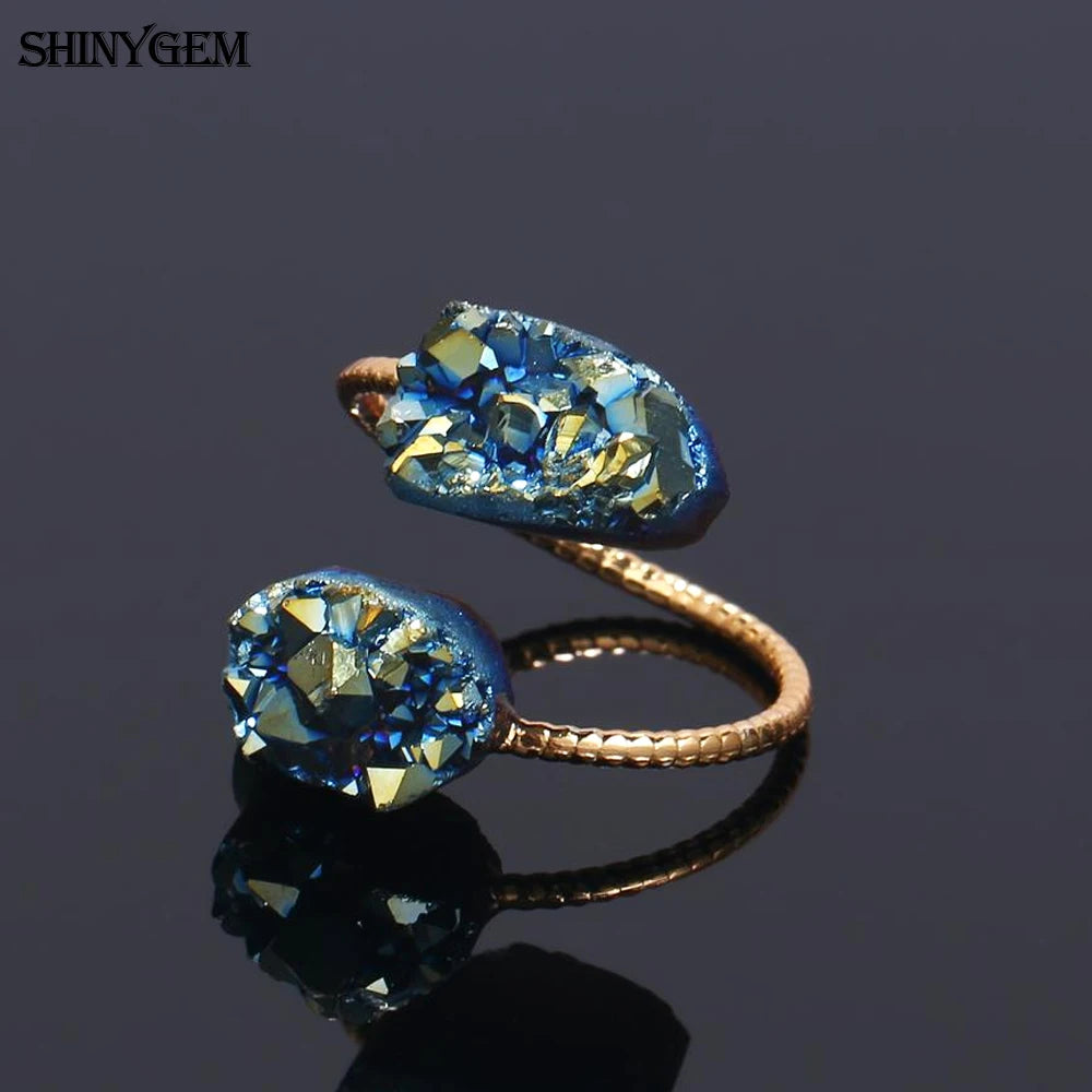 ShinyGem Vintage Natural Irregular Double Druzy Stone Ring Adjustable Size