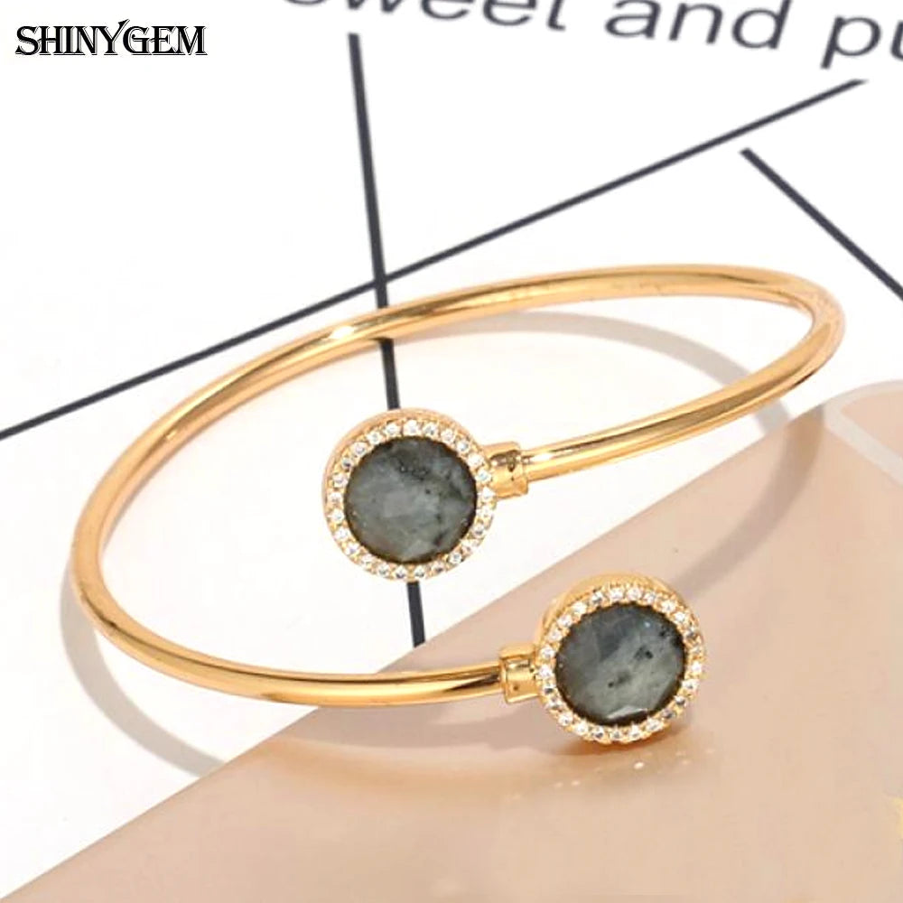 Vintage Labradorite Stone Cuff Bracelets with Zircon Charm