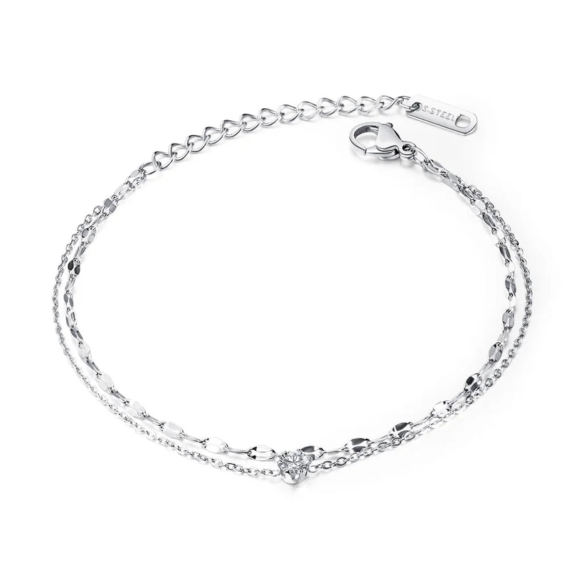 ShoneMes Zircon Anklet Titanium Steel Double Chain Foot Jewelry