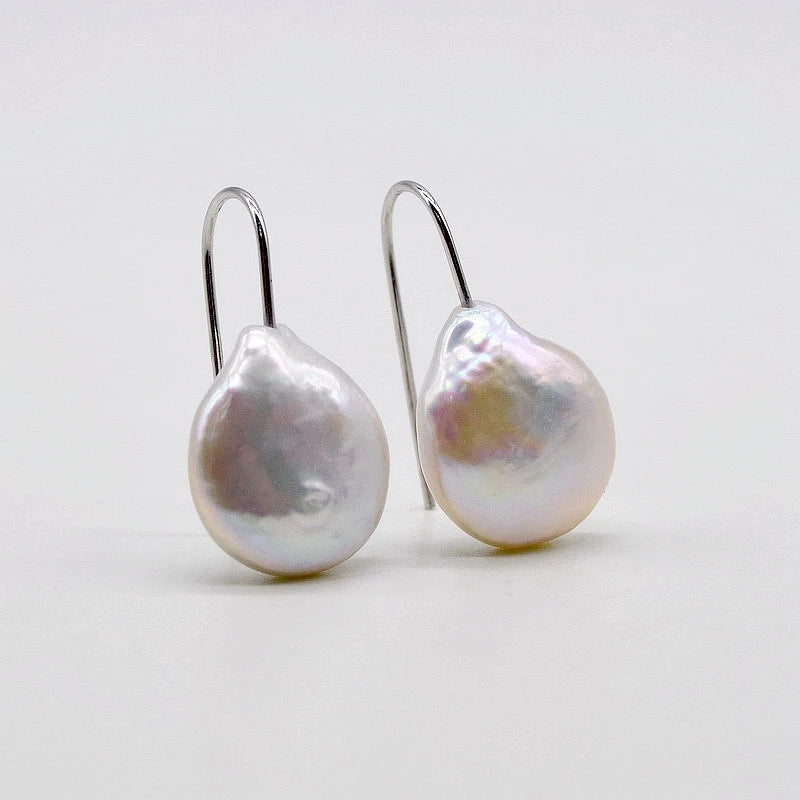 Coin Baroque Pearl Earrings, 925 Silver Hooks