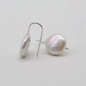 Coin Baroque Pearl Earrings, 925 Silver Hooks
