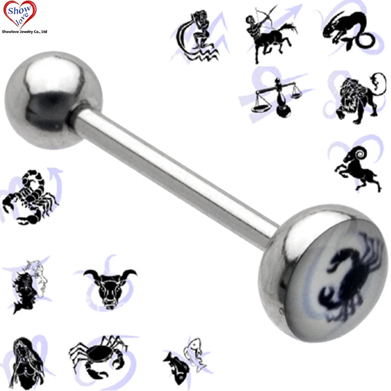 Horoscope Logo Tongue Barbell Rings 14Gauge Body Jewelry