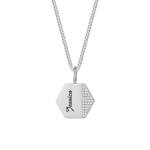 Personalized Side Pave Hexagon Charm Couple Name Necklace