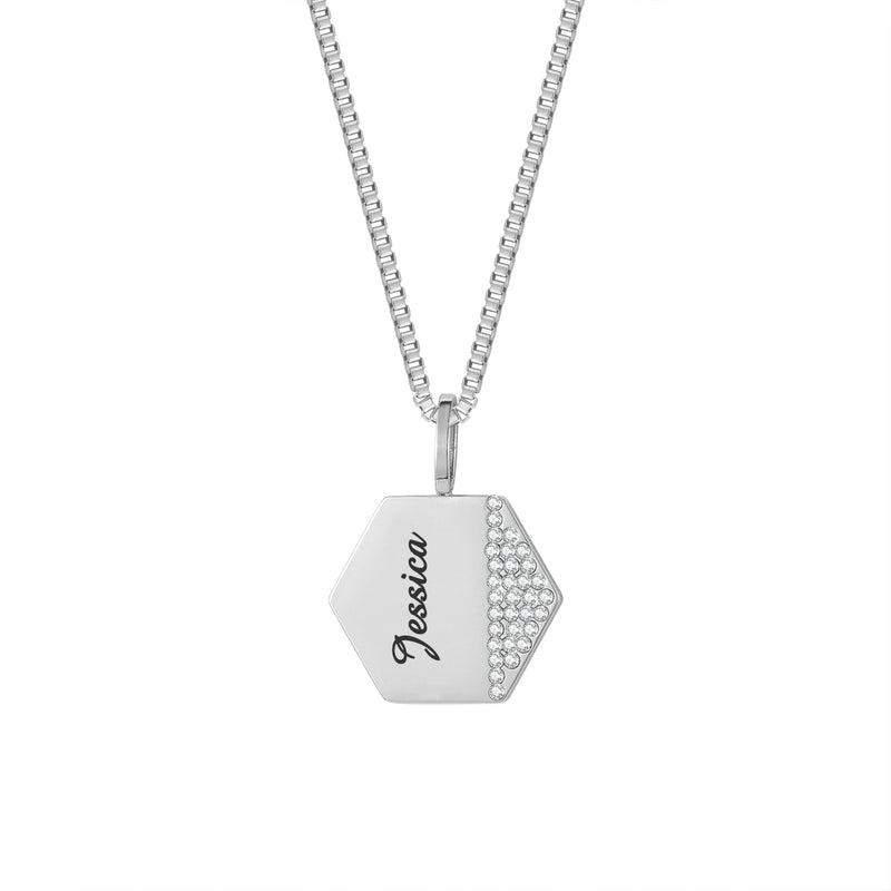 Personalized Side Pave Hexagon Charm Couple Name Necklace