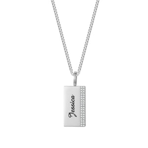 Pave Rectangular Charm Vertical Name Necklace with Crystal