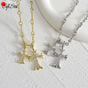 Sifisrri Zircon Double Cross Necklace Alloy Link Chain Choker Jewelry