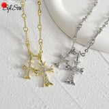 Sifisrri Zircon Double Cross Necklace Alloy Link Chain Choker Jewelry