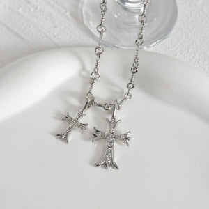 Sifisrri Zircon Double Cross Necklace Alloy Link Chain Choker Jewelry