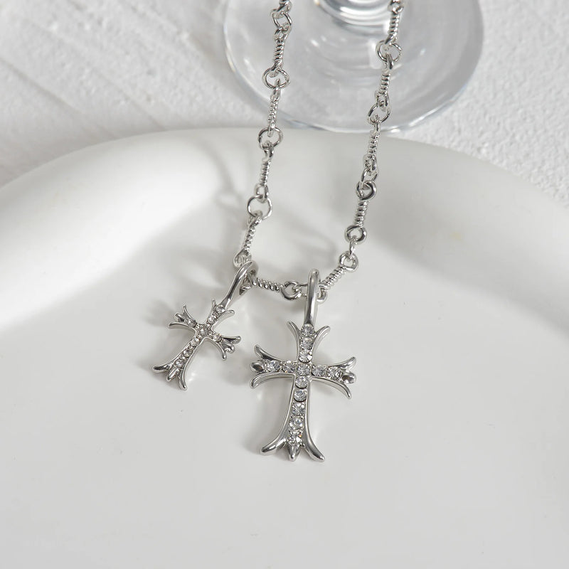 Sifisrri Zircon Double Cross Necklace Alloy Link Chain Choker Jewelry